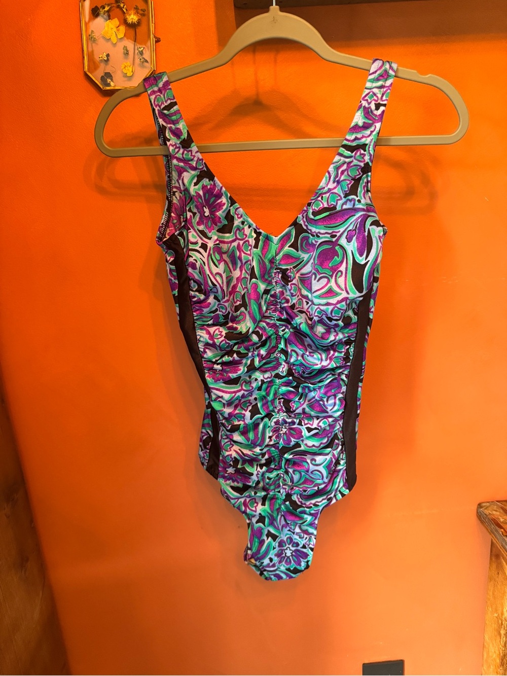Vintage One-Piece Swimsuit in Teal, Purple & Pink